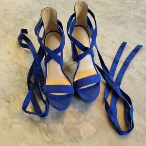 Women's High Heels Dream Paris Size 9.5 Royal Blue Calf Ties Open Toe New Chic